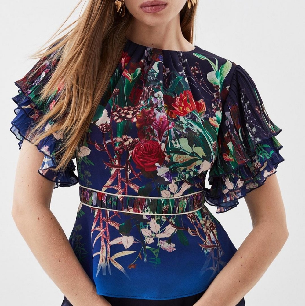 Karen Millen Navy Floral Pleated Sleeve Peplum Top